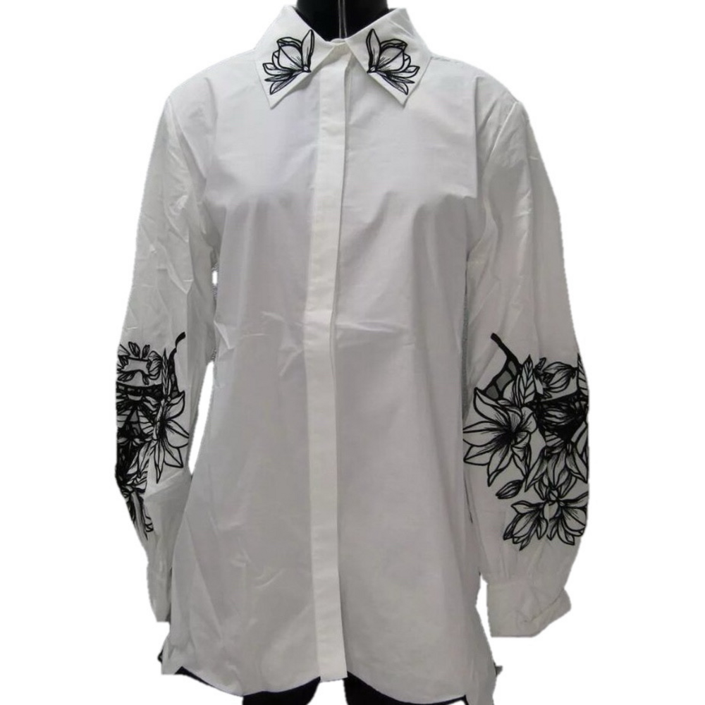NEW ANNE FONTAINE Womens Shirt Top White Leonie Long Sleeve Cotton Poplin Size L
